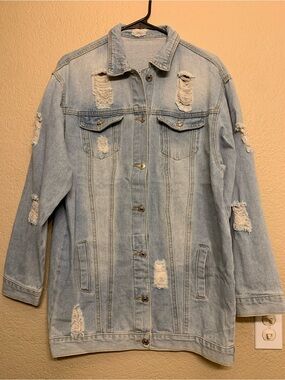 SHEIN Light Wash Distressed Denim Jacket